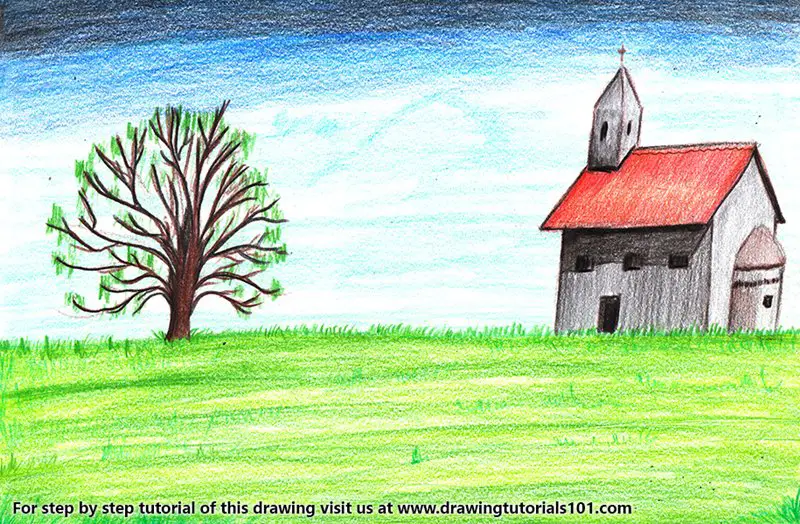 Church Landscape Color Pencil Drawing