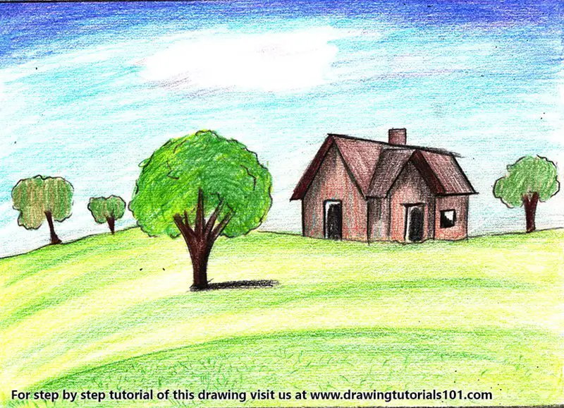 House Landscape Colored Pencils, How To Draw Landscapes With Colored Pencil Step By