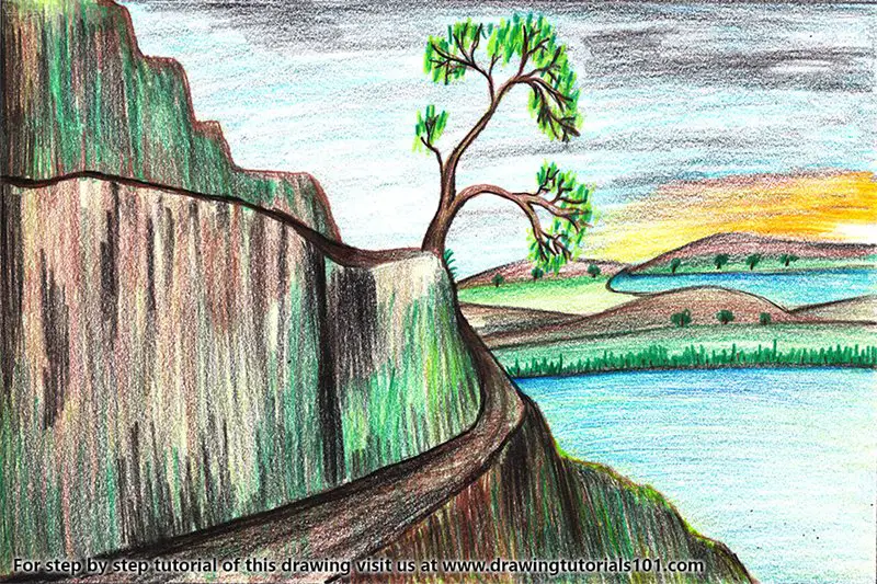 Moutain Road Scene Color Pencil Drawing