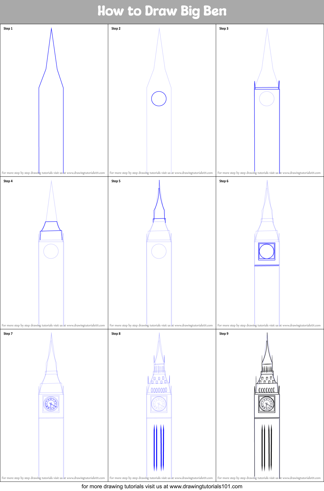 How to Draw Big Ben printable step by step drawing sheet