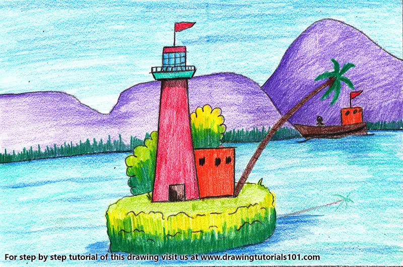 Island Watchtower Color Pencil Drawing