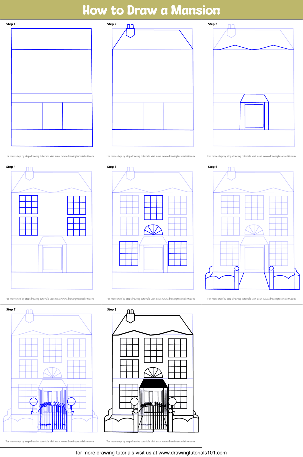 How to Draw a Mansion printable step by step drawing sheet