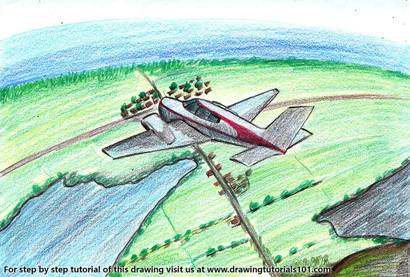 Plane over Farm Color Pencil Drawing