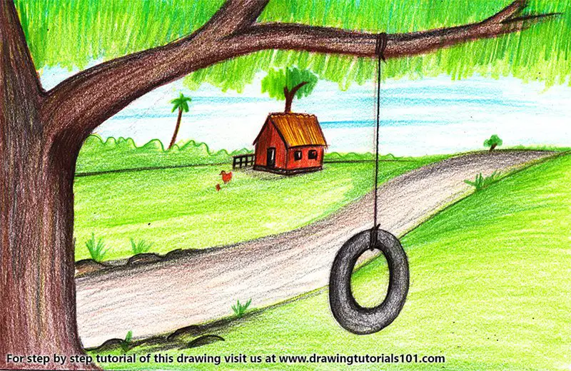 Tire Swing on Tree Color Pencil Drawing