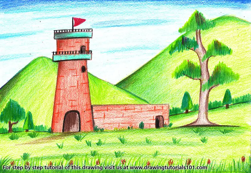 Watch Tower Scene Color Pencil Drawing
