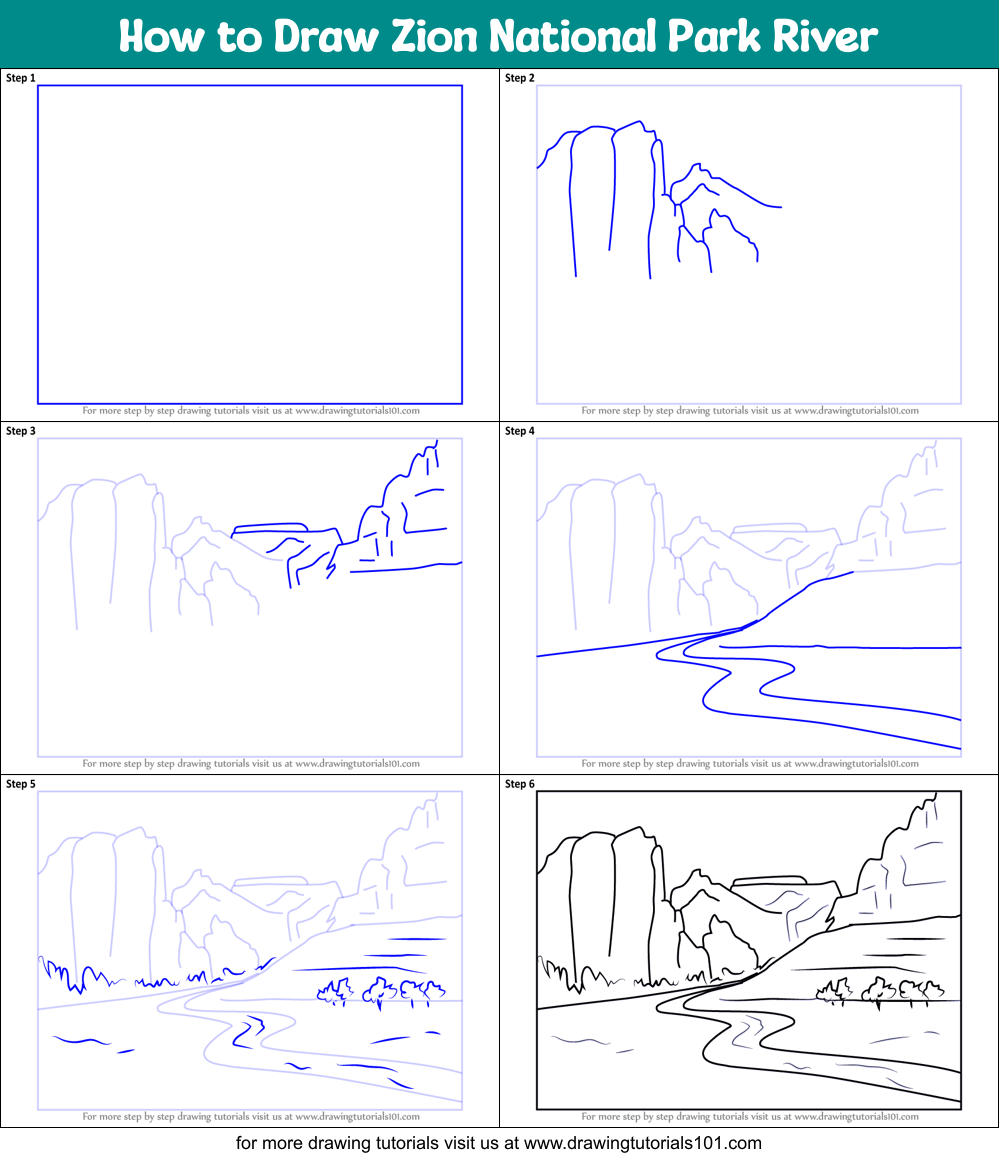 How to Draw Zion National Park River printable step by step drawing ...