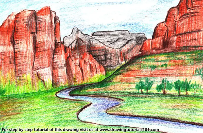Zion National Park River Color Pencil Drawing