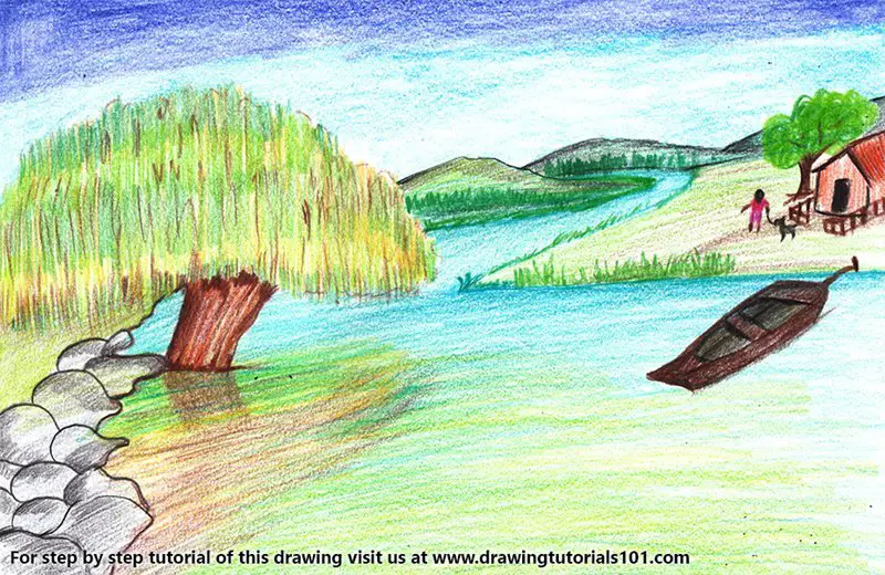 Riverside Scenery Color Pencil Drawing