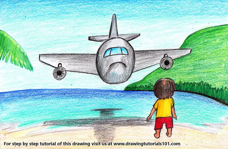 Airplane over Beach Scene Color Pencil Drawing