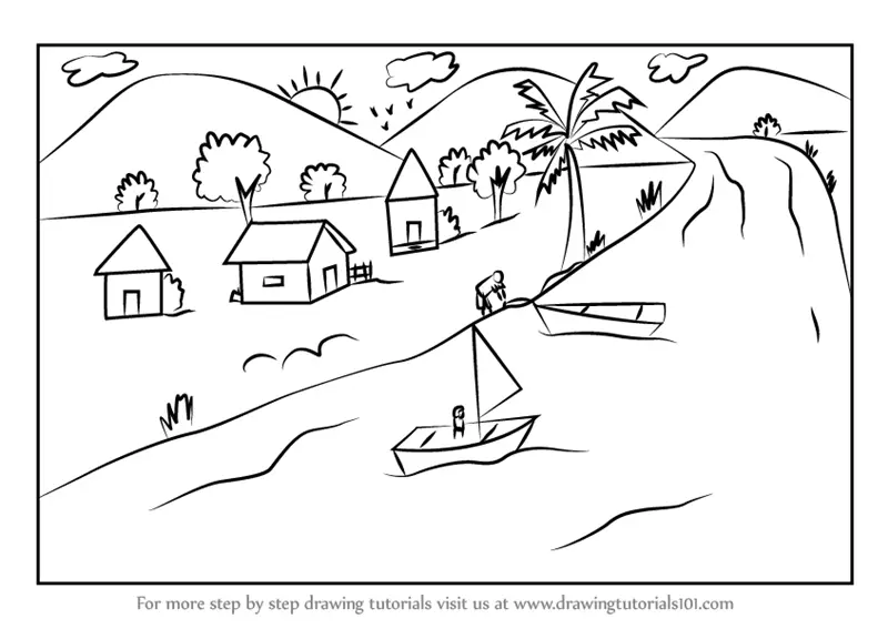 Learn How to Draw a Boating Scene (Scenes) Step by Step : Drawing Tutorials