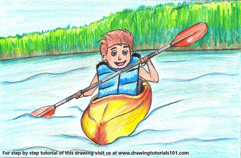 Boy Canoeing Scene Color Pencil Drawing