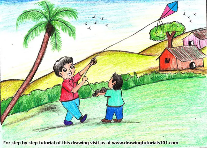 Boy Flying Kite Scene Color Pencil Drawing