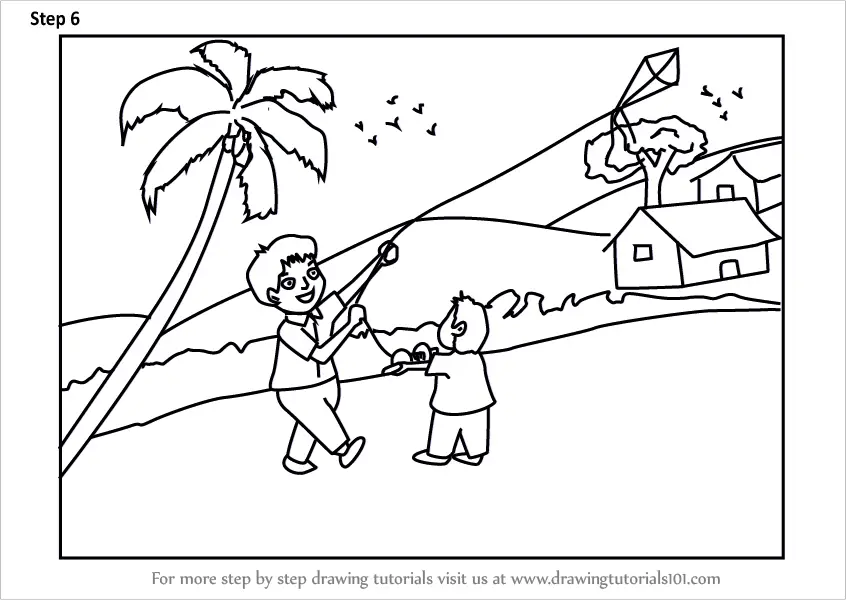 Learn How to Draw a Boy Flying Kite Scene (Scenes) Step by Step