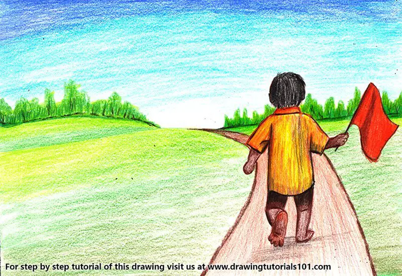 Boy Holding a Flag Color Pencil Drawing