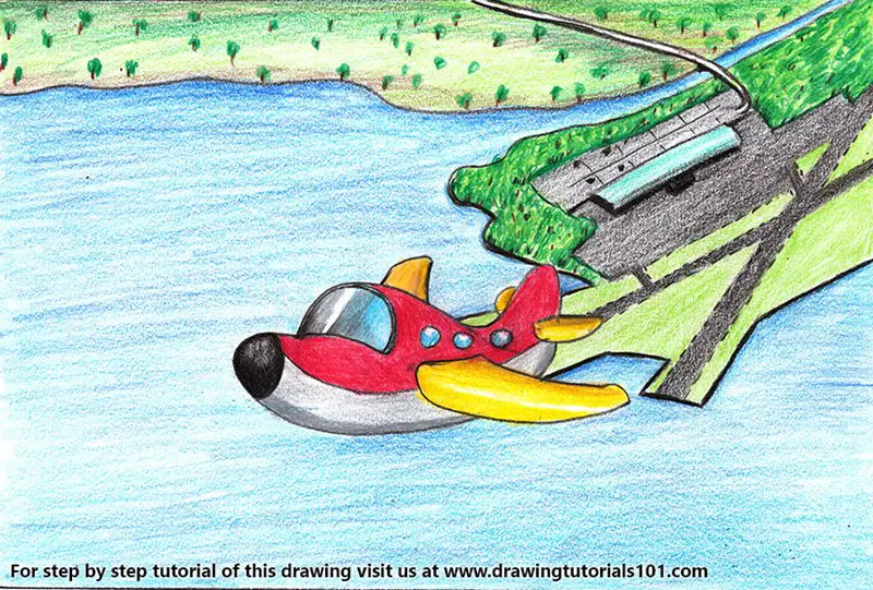 Cartoon Airplane in Air Color Pencil Drawing