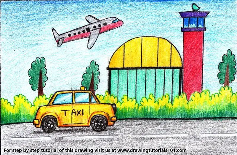 Cartoon Airport Color Pencil Drawing