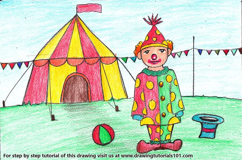 Clown with Circus for Kids Color Pencil Drawing