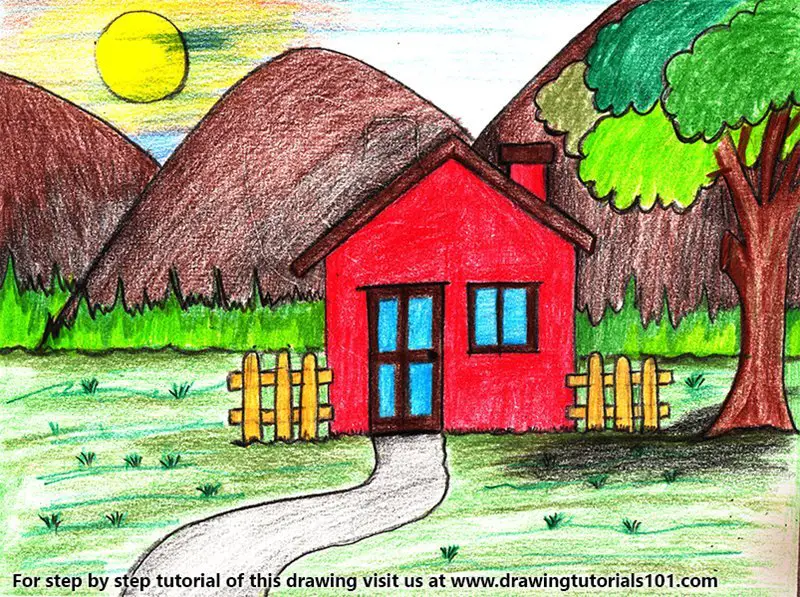 Learn How to Draw an Easy House Scenery (Scenes) Step by
