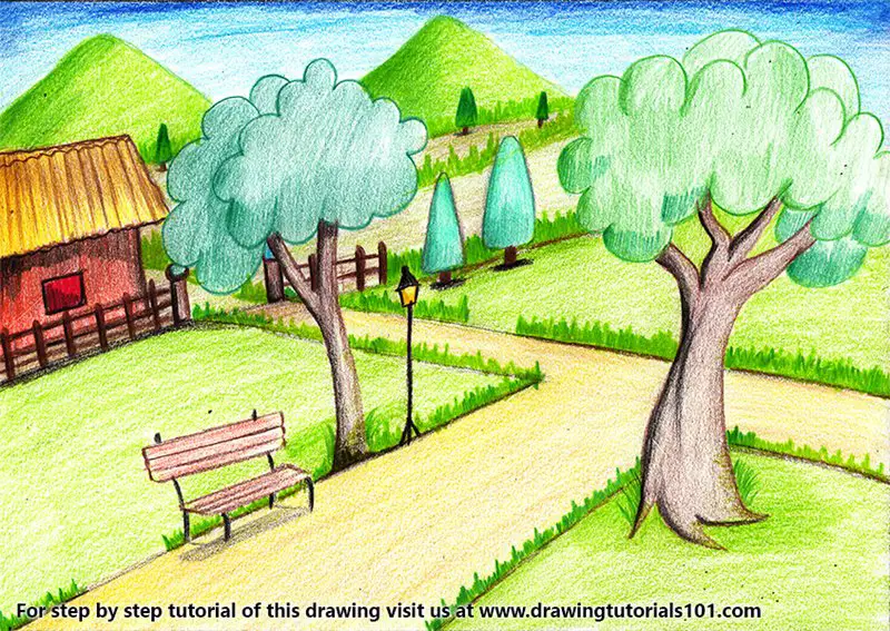 Garden Scenery Color Pencil Drawing
