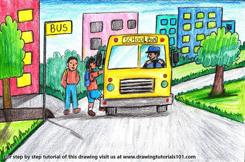 Going to School Scene Color Pencil Drawing
