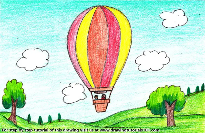 Hot Air Balloon Scene Color Pencil Drawing