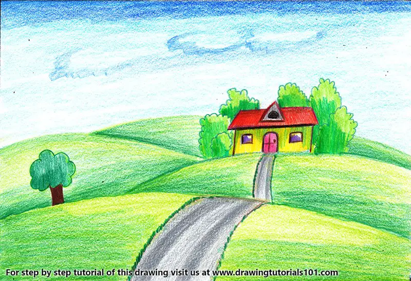 House on Fields of Grass Color Pencil Drawing