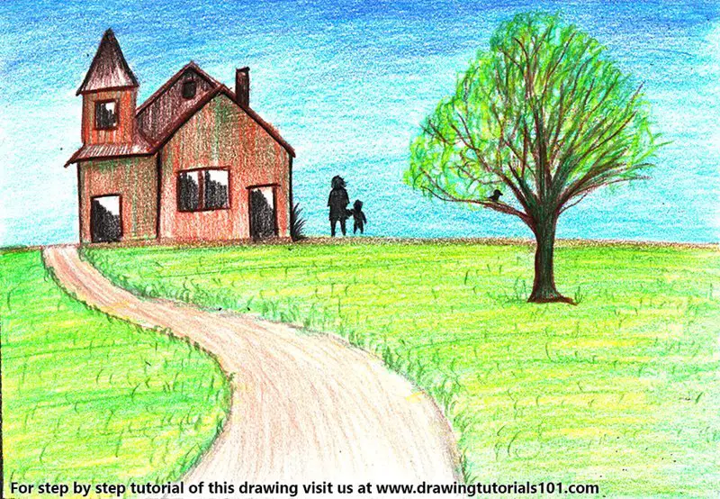 House Scenery Color Pencil Drawing