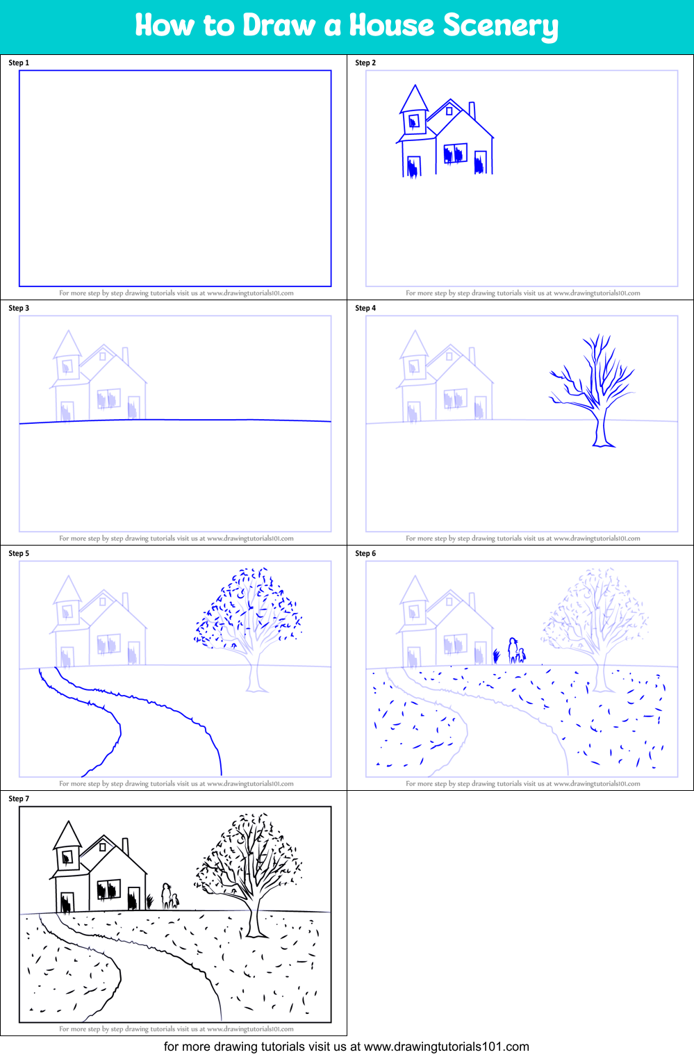 How to Draw a House Scenery printable step by step drawing sheet ...