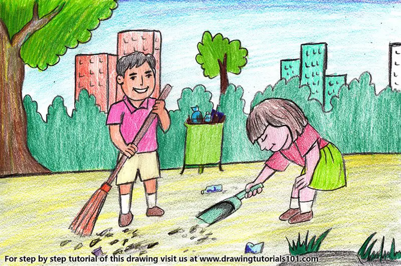 Kids Cleaning Day Scene Color Pencil Drawing