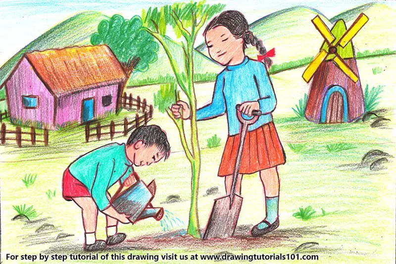 Kids Planting Tree Scenery Color Pencil Drawing