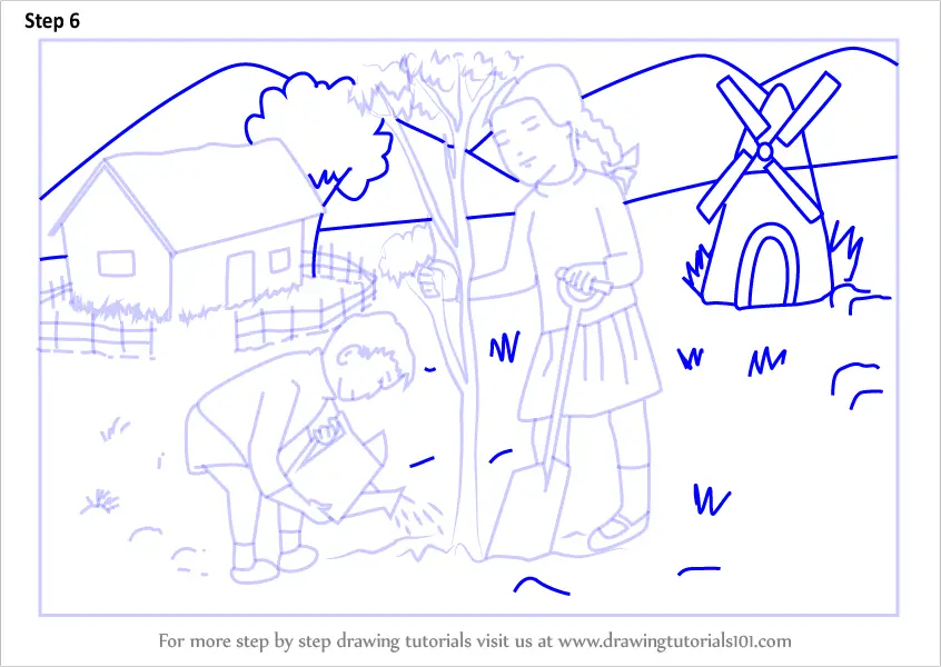 Learn How to Draw Kids Planting Tree Scenery (Scenes) Step by Step