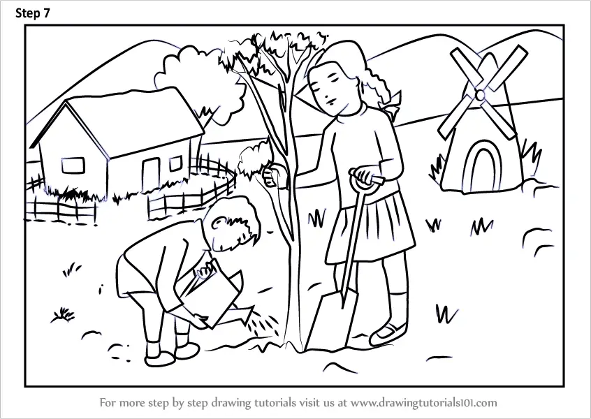 Learn How to Draw Kids Planting Tree Scenery (Scenes) Step by Step