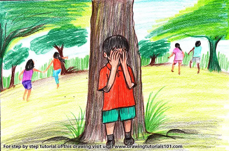 Kids Playing Hide and Seek Game Color Pencil Drawing