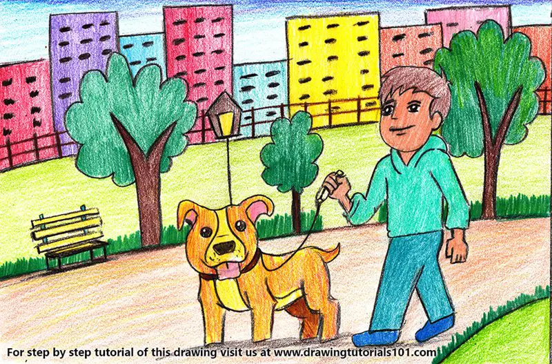 Man Walking Dog Scene Color Pencil Drawing