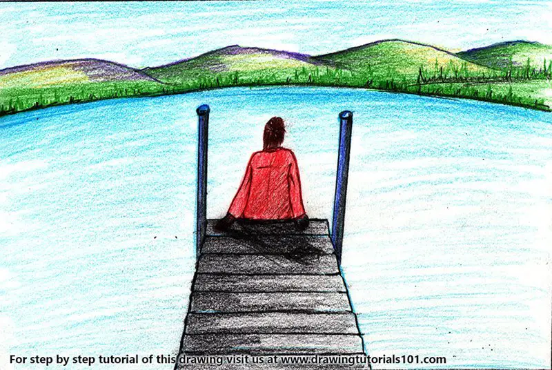 Person Sitting on Boat Dock Color Pencil Drawing