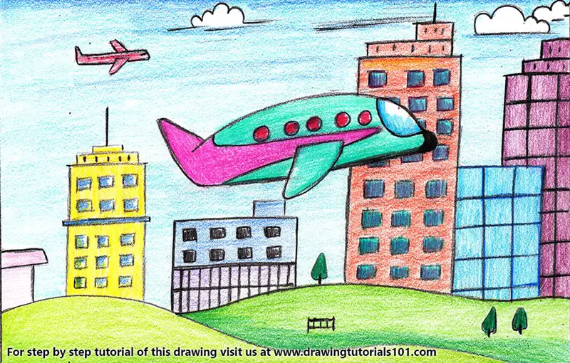 Plane flying in City Color Pencil Drawing