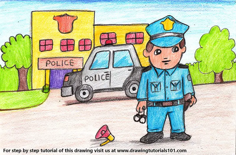 Policeman outside Police Station Scene Color Pencil Drawing