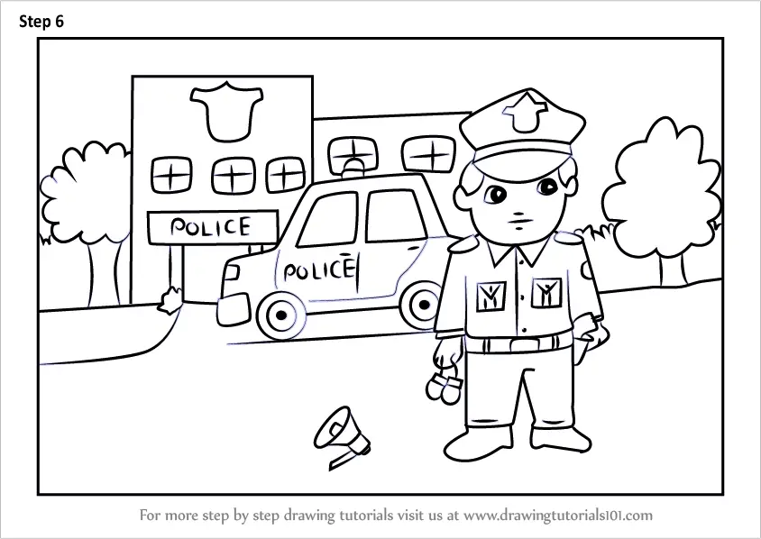 Step by Step How to Draw Policeman outside Police Station Scene ...