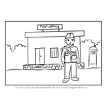 How to Draw Postman outside Postoffice for Kids