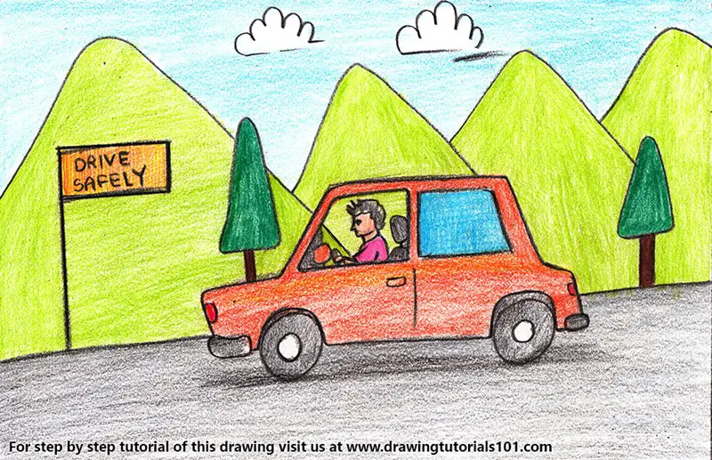 Safety Drive Scene Color Pencil Drawing