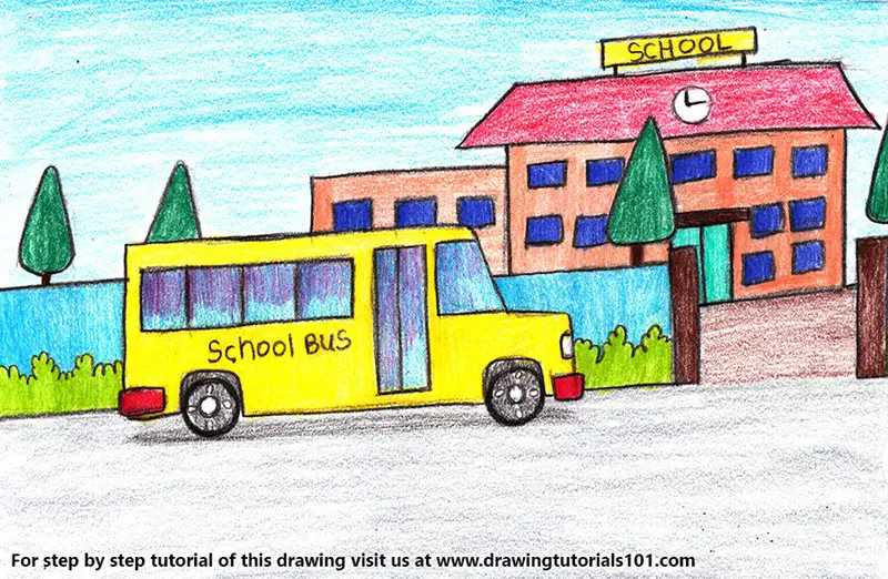 School Bus Scene Color Pencil Drawing