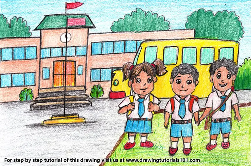 Students outside School Color Pencil Drawing