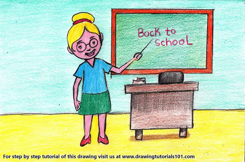 Teacher with Back to School Color Pencil Drawing
