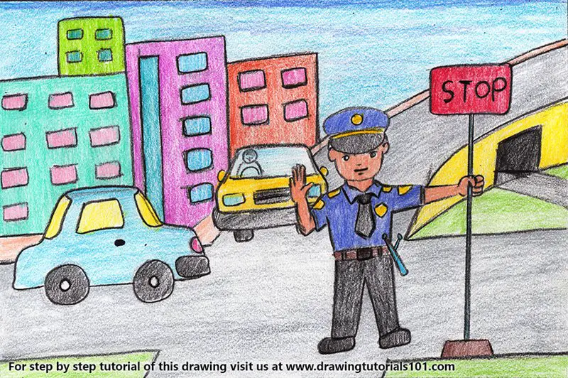 Traffic Policeman at Traffic Signal Scene Color Pencil Drawing