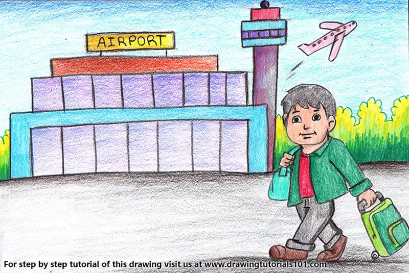Traveller outside Airport Color Pencil Drawing