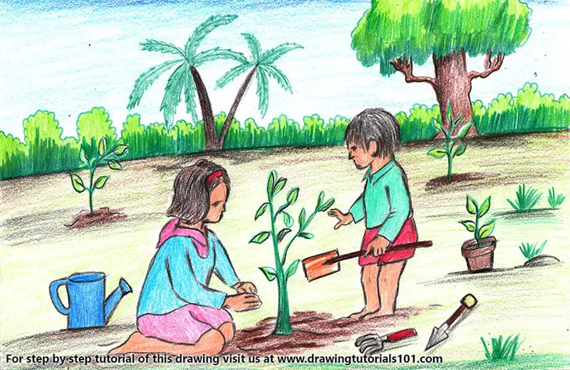 Tree Planting Scene Color Pencil Drawing