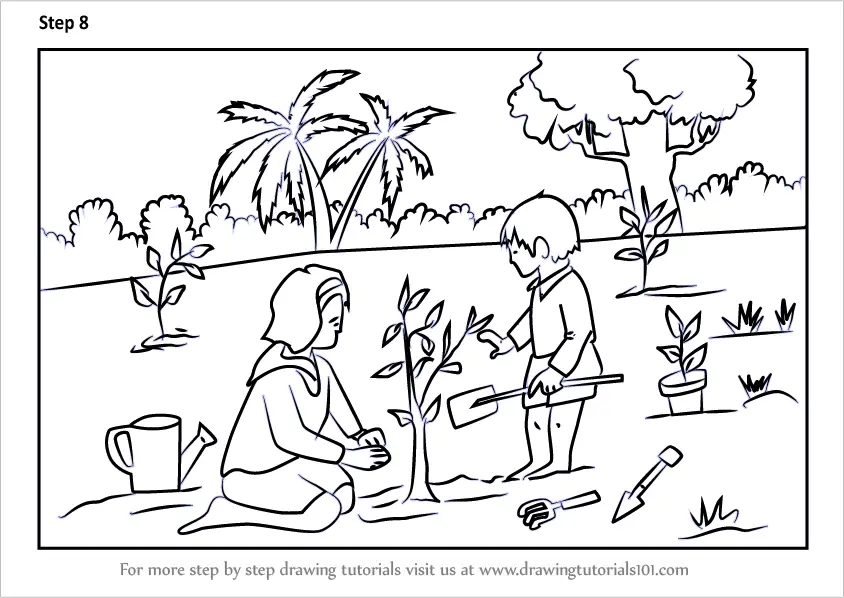 Learn How to Draw Tree Planting Scene (Scenes) Step by Step : Drawing  Tutorials
