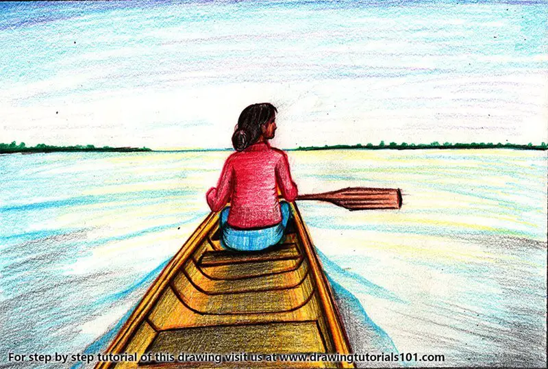 Woman Rowing Boat Color Pencil Drawing