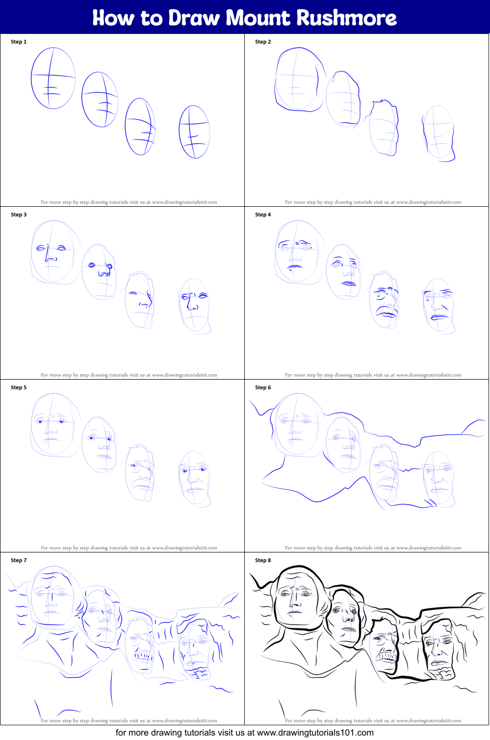 How to Draw Mount Rushmore printable step by step drawing sheet
