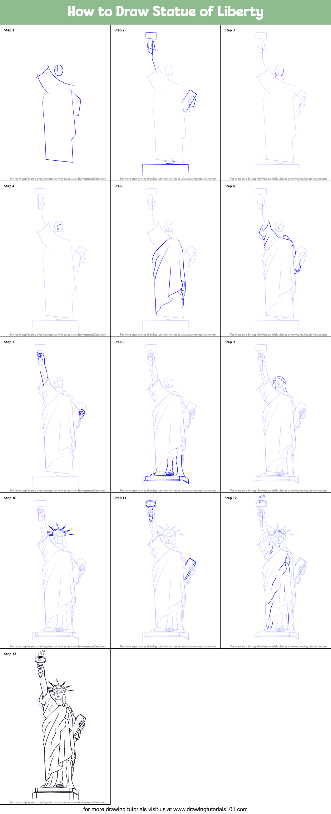 How to Draw Statue of Liberty printable step by step drawing sheet